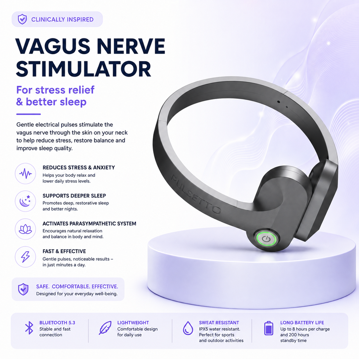 Vagus Nerve Stimulator – App Controlled – 4-Minute Sessions – For Wellness