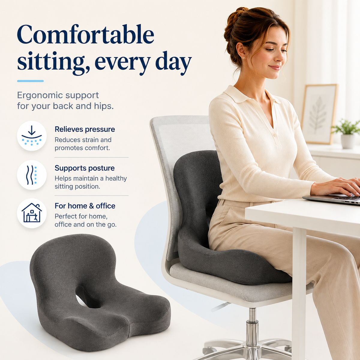 Memory Foam Seat Cushion – Non-Slip – Washable Cover – For Office