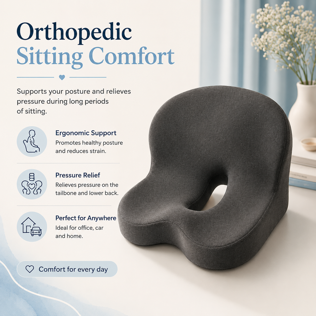 Memory Foam Seat Cushion – Non-Slip – Washable Cover – For Office
