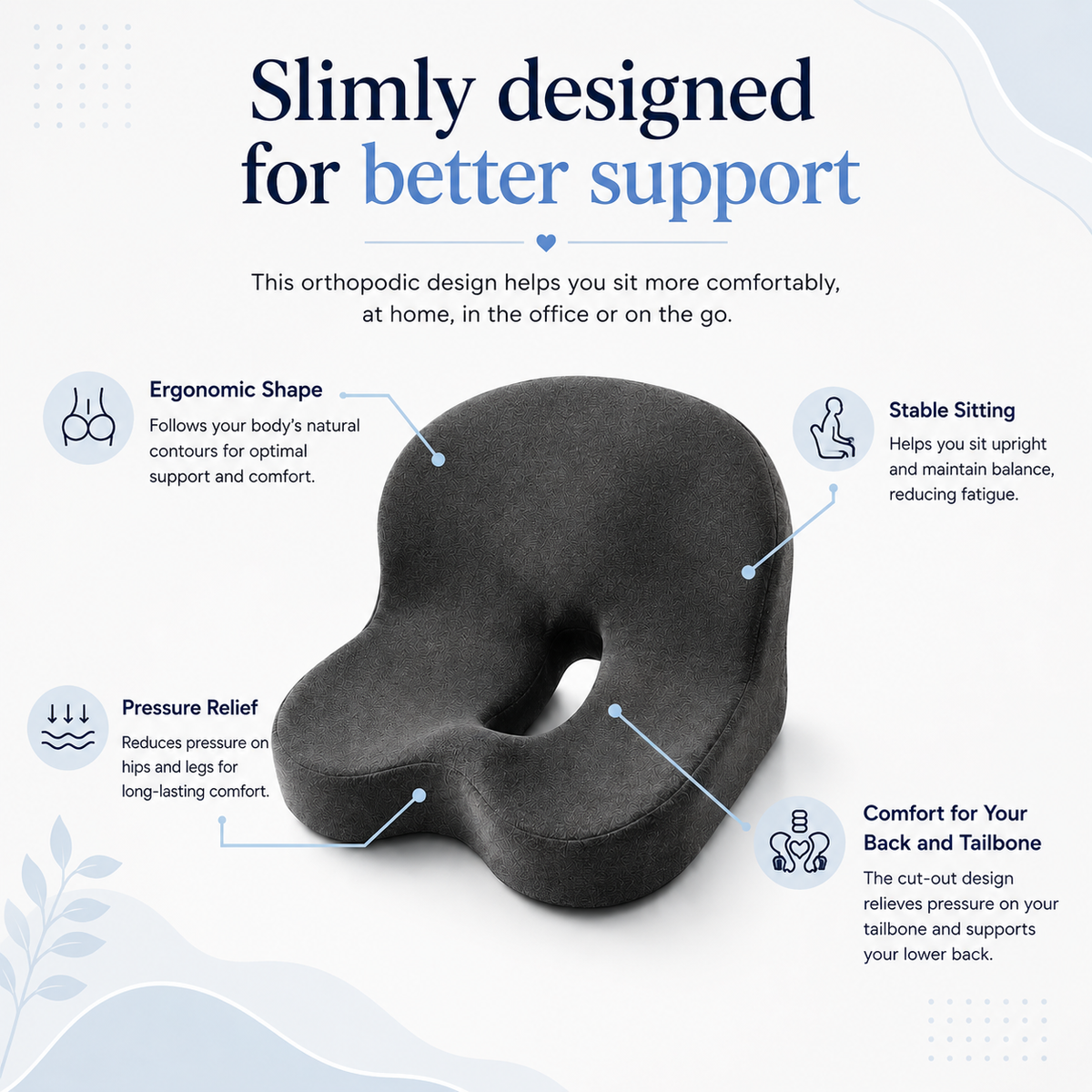 Memory Foam Seat Cushion – Non-Slip – Washable Cover – For Office