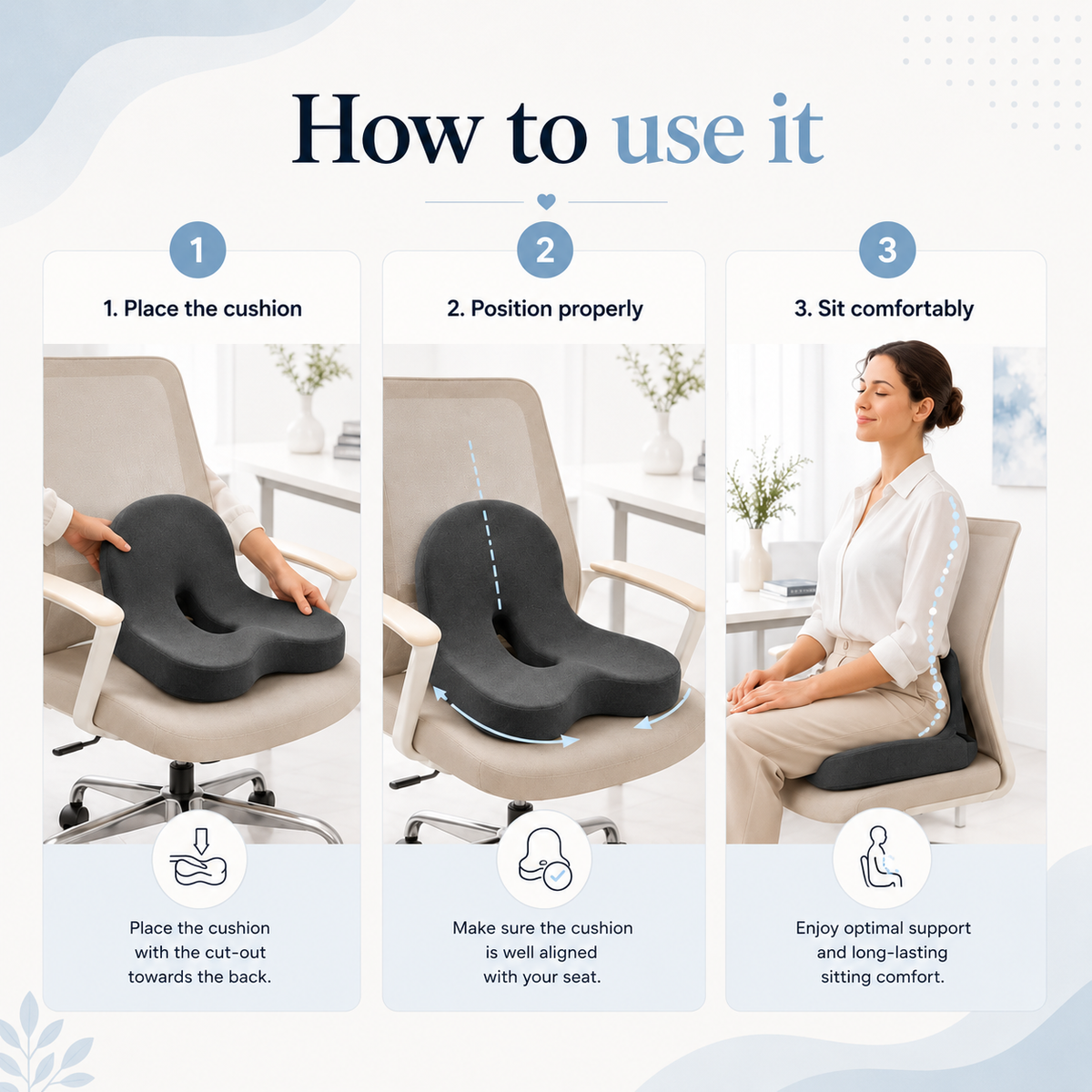 Memory Foam Seat Cushion – Non-Slip – Washable Cover – For Office