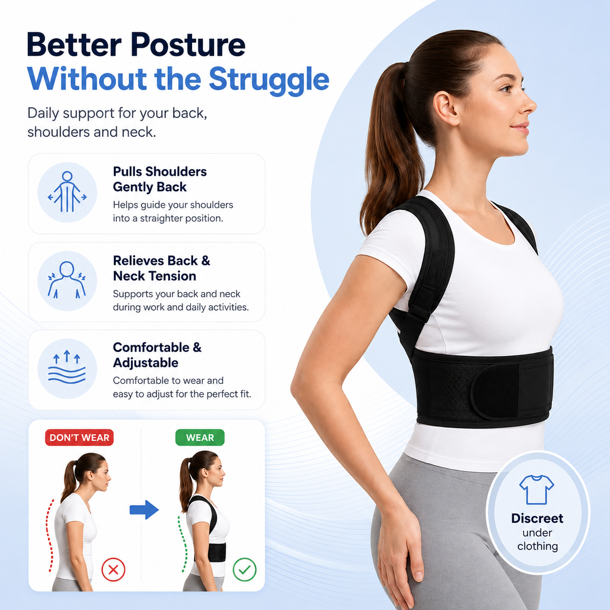 Posture Corrector – Breathable – Discreet – For Everyday Wear
