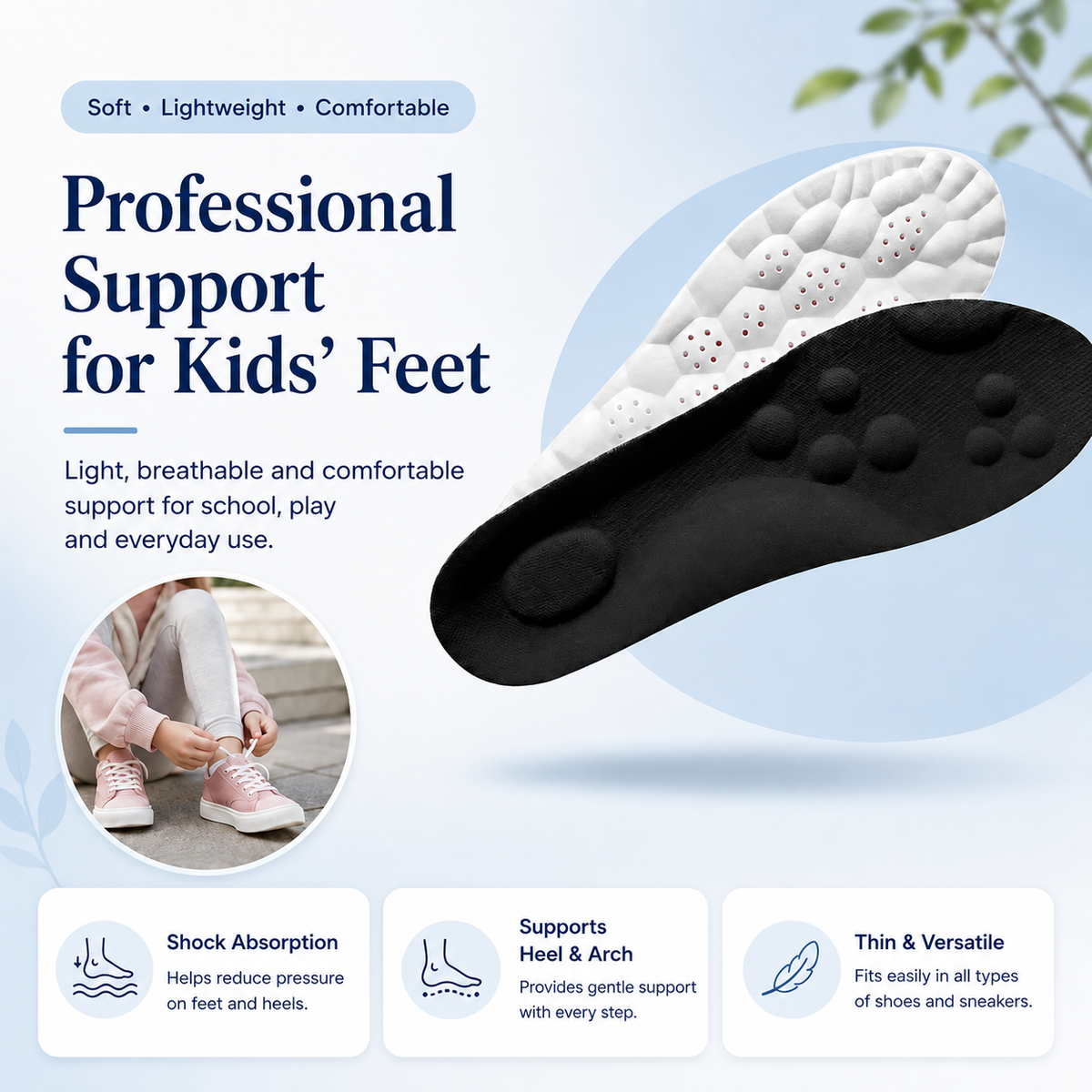 Kids Orthotic Insoles – Shock Absorbing – Arch Support – For School
