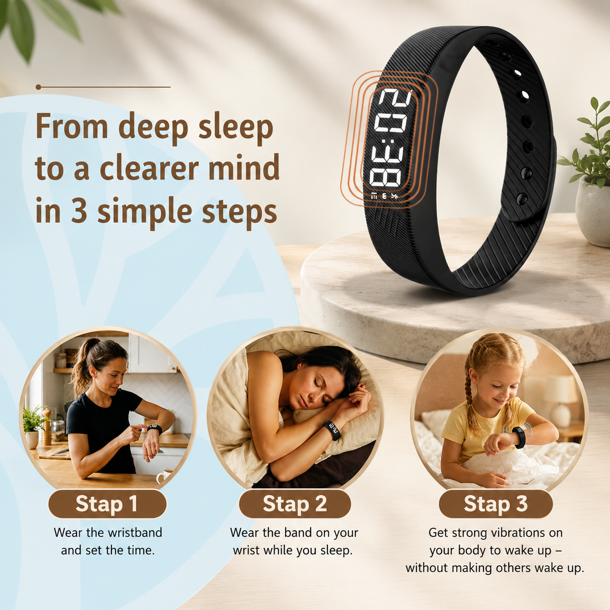 Vibrating Alarm Wristband – Silent – Adjustable – For Deep Sleepers