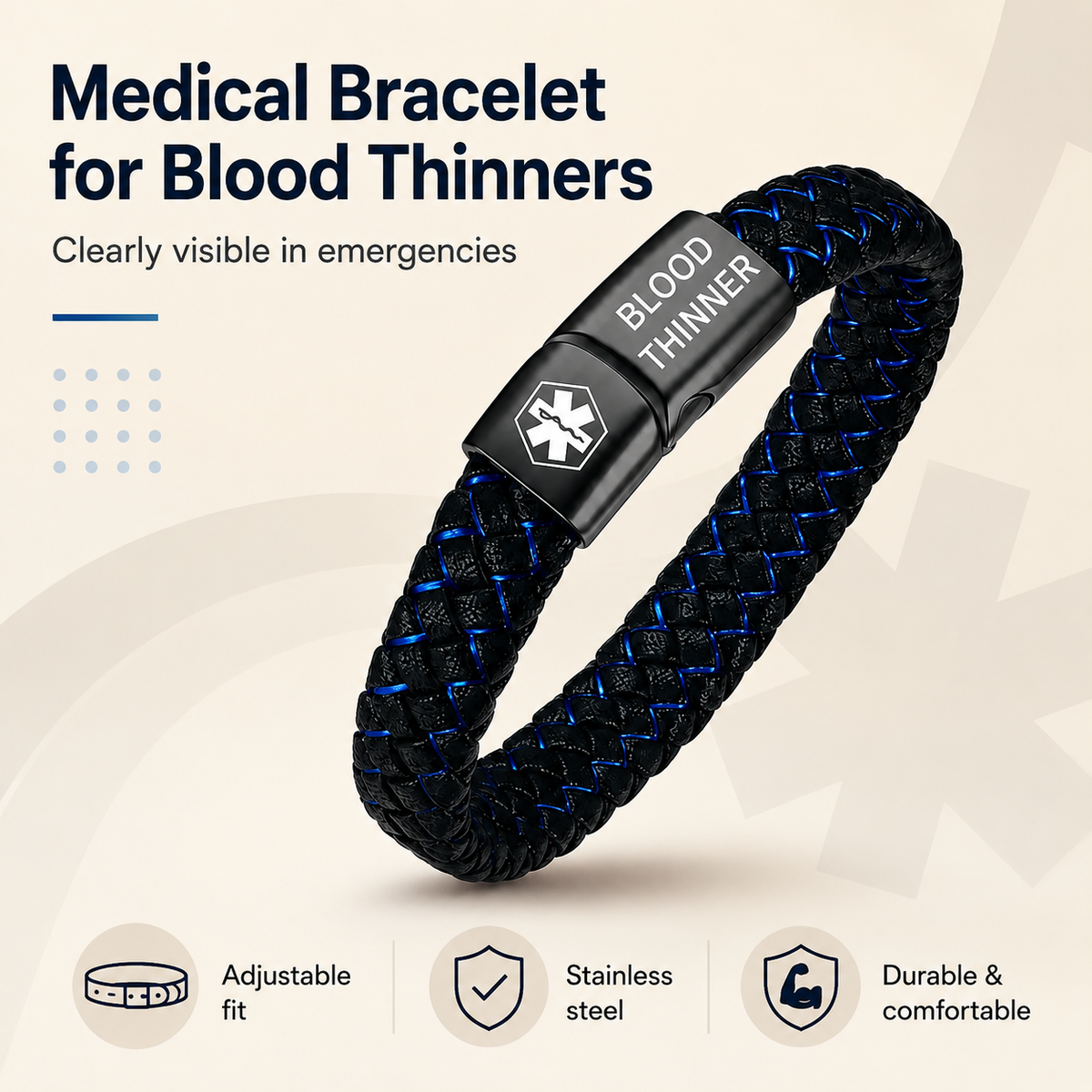 Medical Alert Bracelet – Leather Band – Magnetic Clasp – For Men