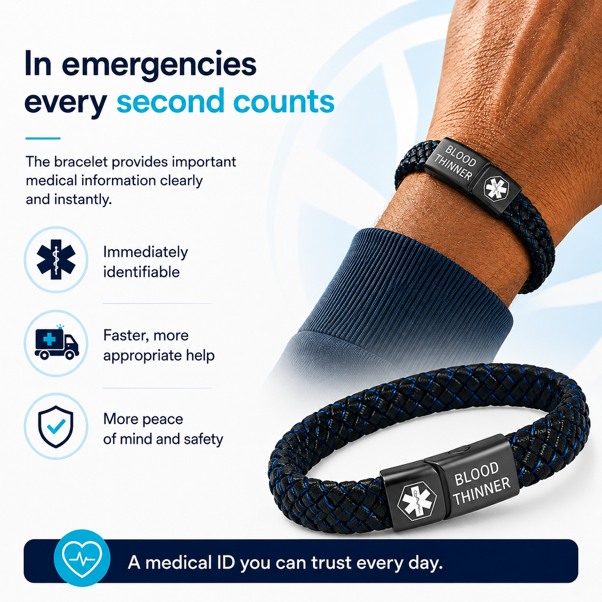 Medical Alert Bracelet – Leather Band – Magnetic Clasp – For Men