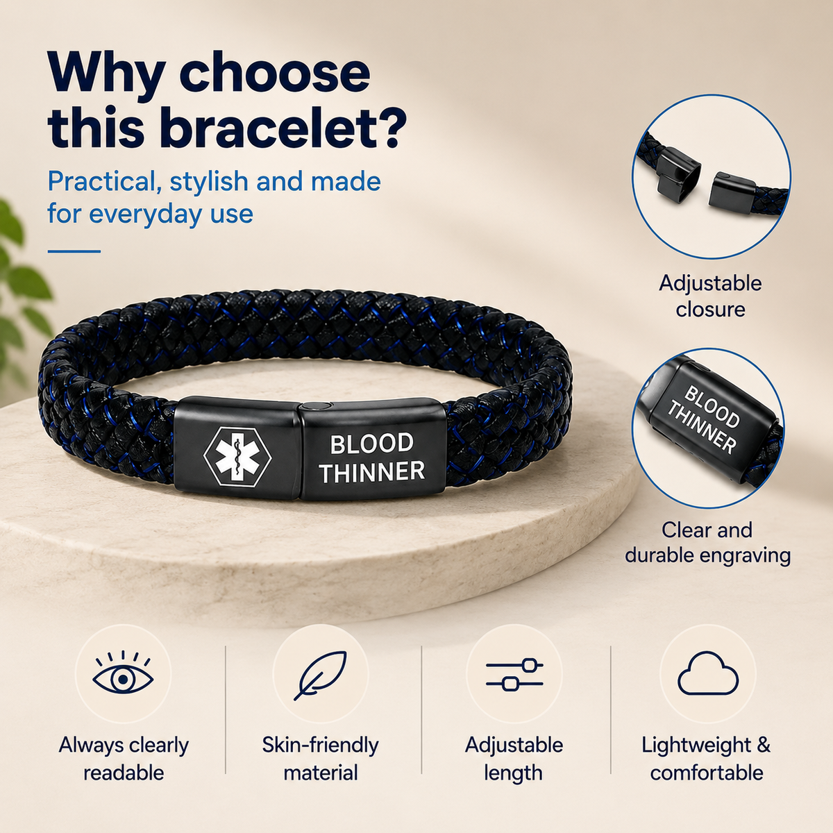 Medical Alert Bracelet – Leather Band – Magnetic Clasp – For Men