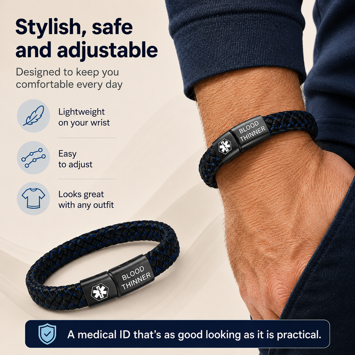 Medical Alert Bracelet – Leather Band – Magnetic Clasp – For Men