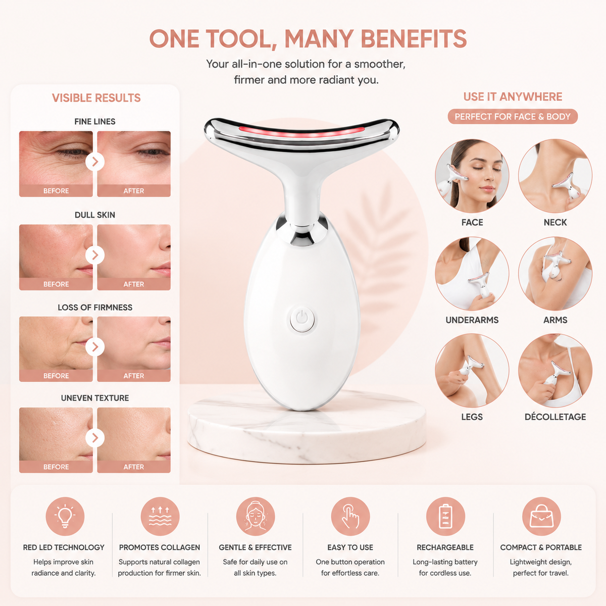 LED Facial Tool – Rechargeable – Red Light – For Home Use