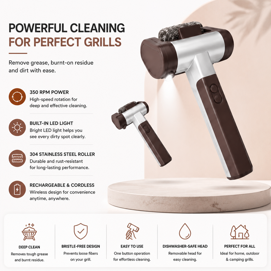 Electric Grill Cleaner – Rechargeable – LED Light – For BBQ Grills